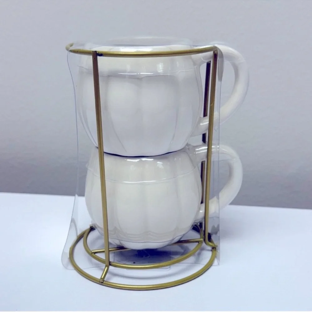 New! Target Bullseye Playground Set of 2 Stackable Pumpkin Mugs w/ Gold Stand